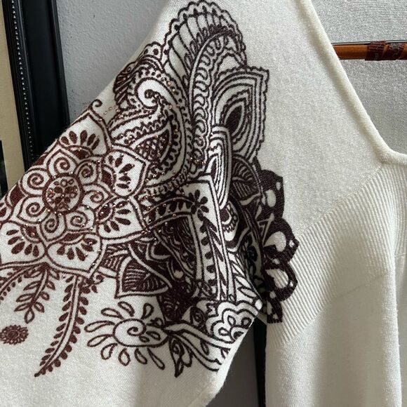 Apt. 9 Cream Henna Print Embellished Tunic Sweater sz L - Picture 2 of 6
